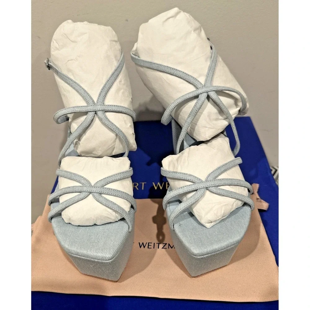 Stuart Weitzman EU 39/8.5B Barely There Sq Hi Platform Sandals Vint Light Denim